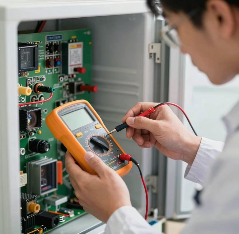 Close-up of a technician's hands in a clean branded uniform using a digital multimeter to calibrate a modern refrigerator control board, bright natural light.