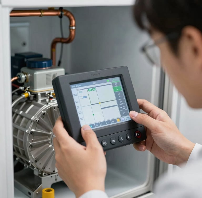 Macro close-up of a professional technician calibrating a digital diagnostic screen on a modern refrigerator compressor, bright technical lighting, copper piping in background.