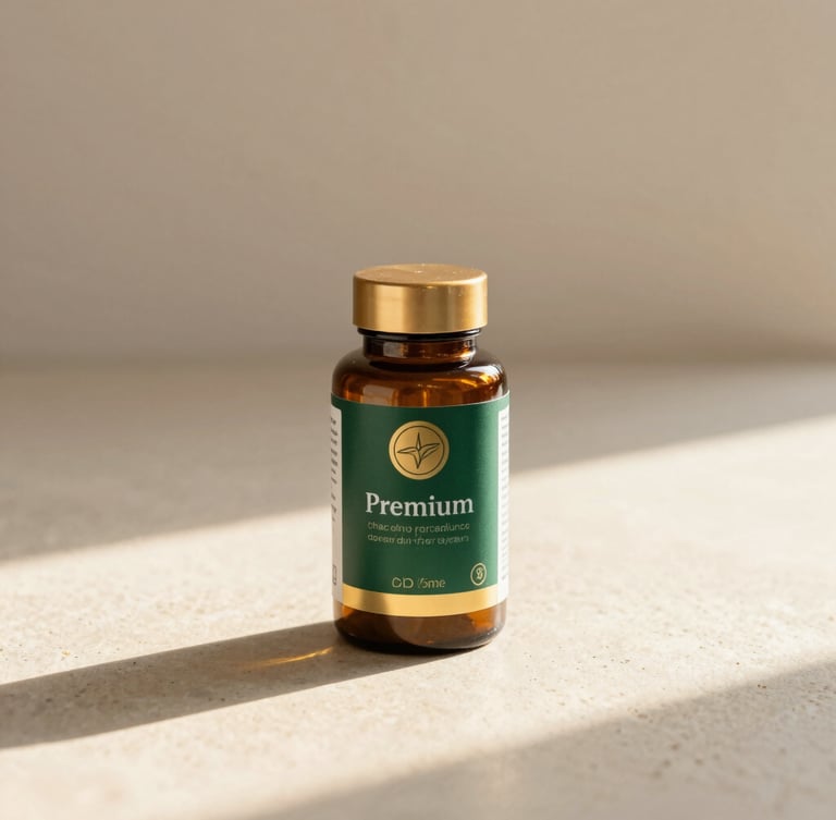Premium dark amber glass supplement bottle on a clean light stone surface, warm golden hour sunlight casting elegant long shadows, clinical minimalist aesthetic