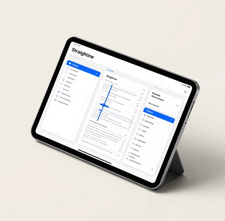 Straight-on isometric device mockup of a modern tablet displaying a clean, highly legible user interface with blueprint blue accents, soft studio lighting, realistic shadows, warm off-white background.