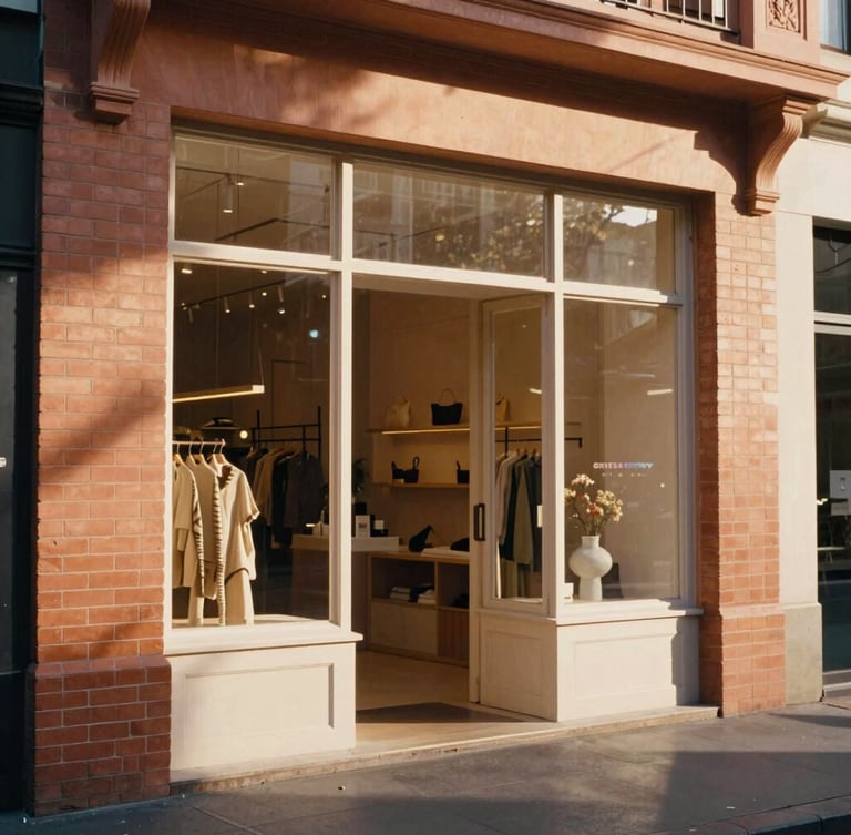 Warm sunlit boutique storefront on a quiet Melbourne street, morning golden-hour light casting soft shadows, earthy terracotta brickwork, 35mm film aesthetic