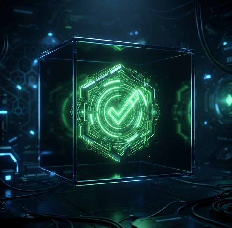 Futuristic 3d render of a glowing neon green verification badge floating inside a dark glass cube, sleek tech aesthetic, low-key dark studio lighting with electric blue accent glows, highly detailed