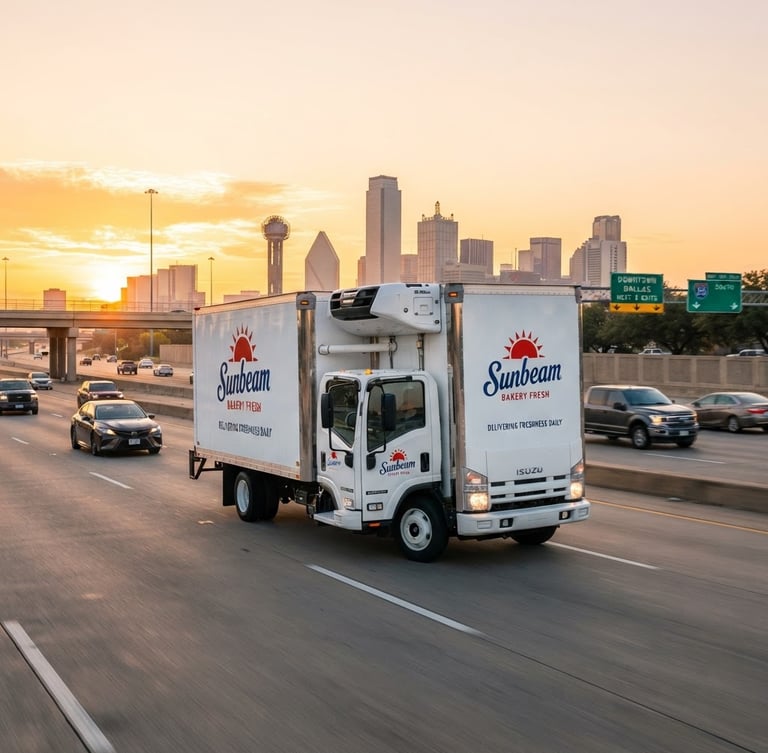 A clean white refrigerated delivery truck with Sunbeam branding driving on a Dallas highway at sunrise, bright Texas morning light, professional commercial logistics style, portrait aspect