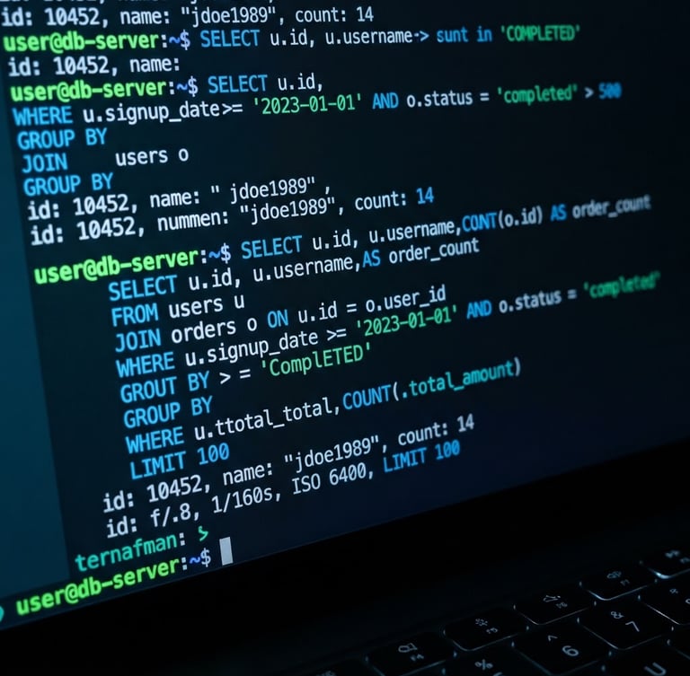 Sleek close-up of a dark-mode terminal screen displaying database queries, bright green and blue code lines, sharp focus, 35mm lens