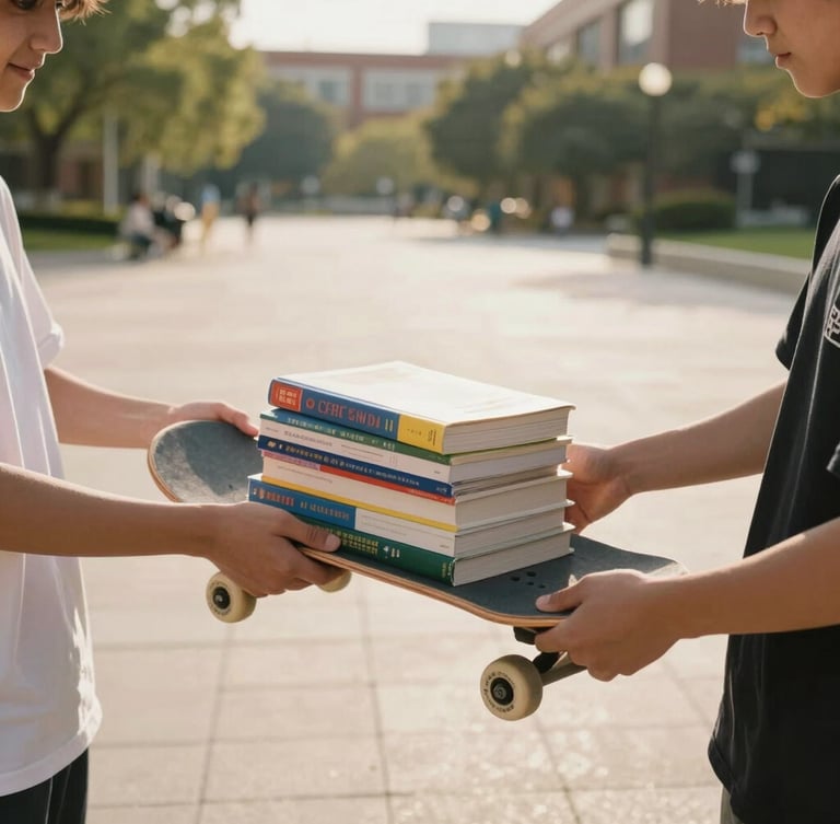 A close-up, first-person view of two students exchanging a skateboard and a stack of textbooks on a sunny campus quad, warm late afternoon light, dynamic angle.