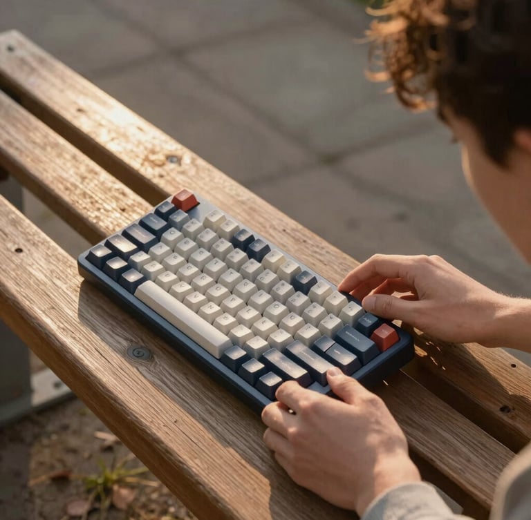 First-person perspective of two young adults exchanging a mechanical keyboard on a campus wooden bench, late afternoon golden hour light glinting off the keycaps, dynamic close-up framing.