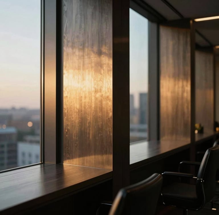 Cinematic side-lit view of a high-end architectural office with brushed metal and dark wood, warm golden-hour light cutting through tall windows, shallow depth of field, 35mm