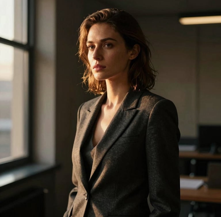 Dramatic side-lit editorial portrait of a female strategist in a charcoal blazer, warm golden-hour light through a window, dark architectural office background, shallow depth of field, 35mm
