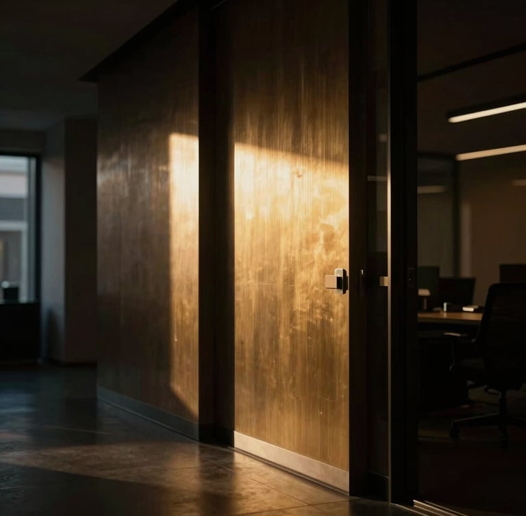 Dramatic architectural office interior, low-key side-lighting, deep shadows, warm gold accents on brushed metal, 35mm photography