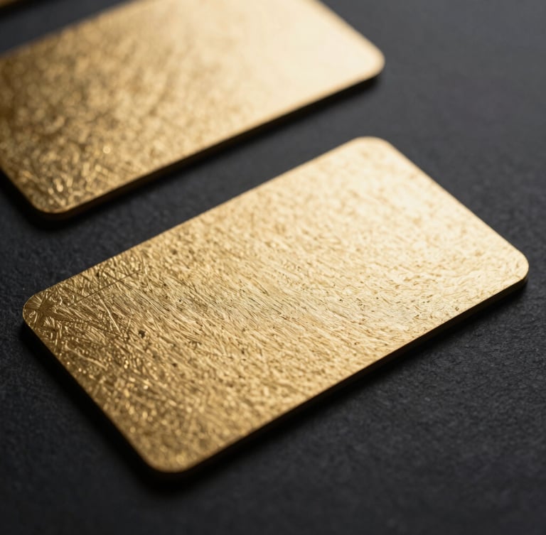 Extreme close-up of heavy gold-foiled business cards resting on a dark charcoal textured paper, dramatic side-lighting, shallow depth of field, 35mm