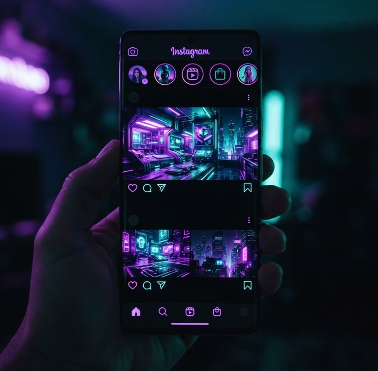 Close up of a premium mobile screen showing high-contrast Instagram feed mockups with vibrant purple and teal UI elements, sharp focus, dark-mode tech photography
