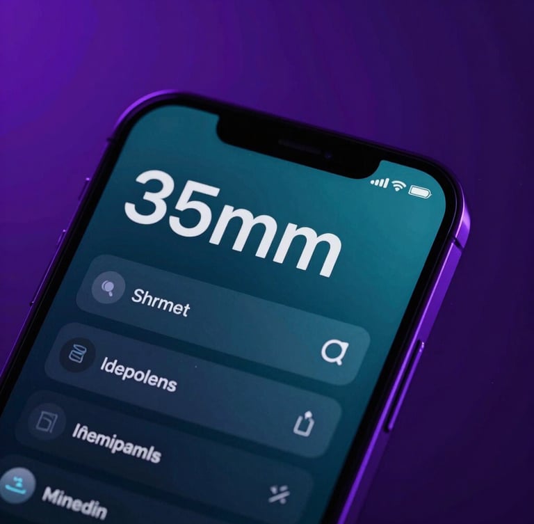 Close-up of a premium mobile device displaying a high-fidelity digital UI mockup, moody neon purple ambient backlighting, sharp focus, 35mm