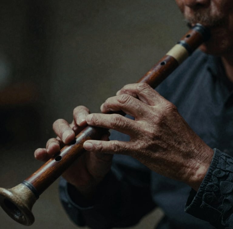 Extreme close-up of weathered hands playing a traditional wooden flute, low-key dramatic lighting, moody shadows, 35mm film grain