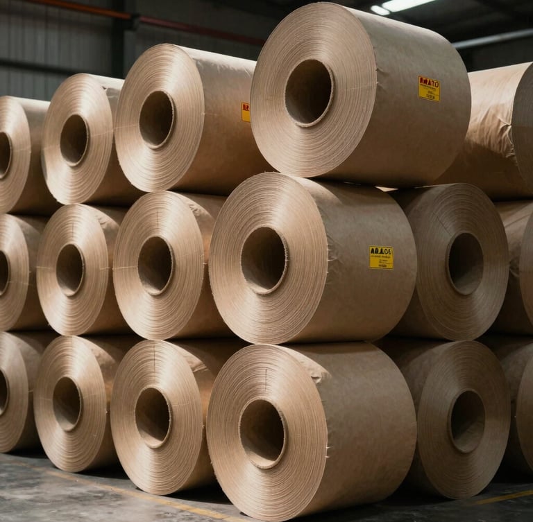 Wide shot of massive kraft paper rolls stacked vertically in an industrial warehouse, high contrast shadows, safety markings visible.