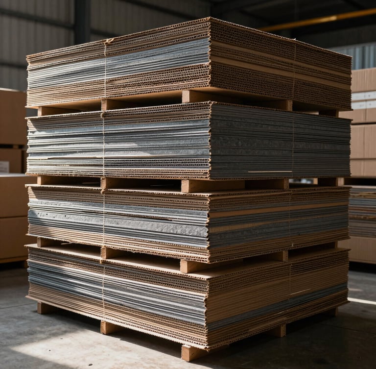 Wide environmental shot of stacked flat-packed custom corrugated boxes in a high-contrast industrial warehouse, natural light hitting the cardboard fluting, slate gray shadows.