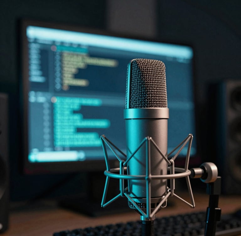 Macro shot of a high-end home recording studio, neon-cyan ambient light reflecting off a professional condenser microphone and a glowing monitor showing code, shallow depth of field.