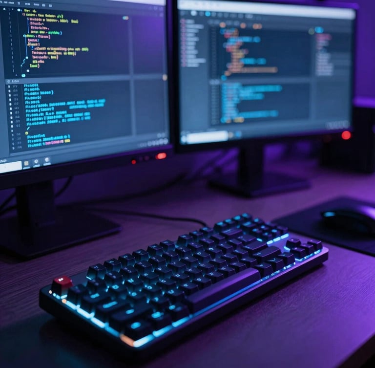 Macro shot of a modern clean workspace at night, a glowing mechanical keyboard and dual monitors showing code editors, dramatic cool blue and purple ambient studio lighting, shallow depth of field.