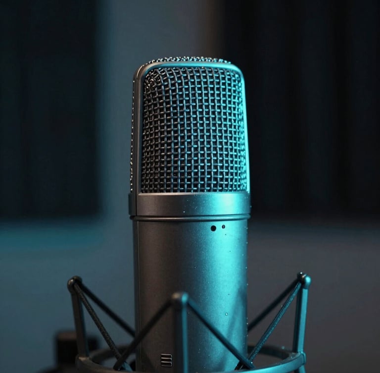 Macro shot of a high-end recording microphone in a dark home studio, soft neon cyan ambient glow, acoustic panels in the deep background, shallow depth of field.
