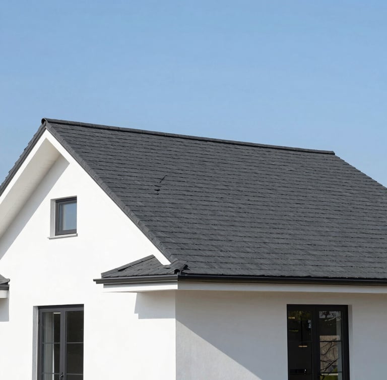 Bright architectural photography of a beautiful modern residential home with a newly installed dark charcoal shingle roof, clear daylight, high-end real estate style