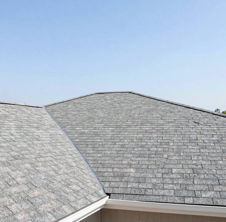 A clean residential roof line with newly installed architectural shingles under bright Texas daylight, crisp natural colors
