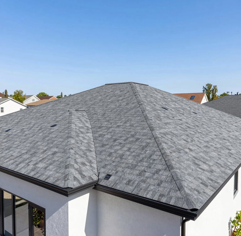 Bright architectural photo of a modern home exterior with clean, newly installed charcoal grey roofing shingles, sunny day, residential neighborhood