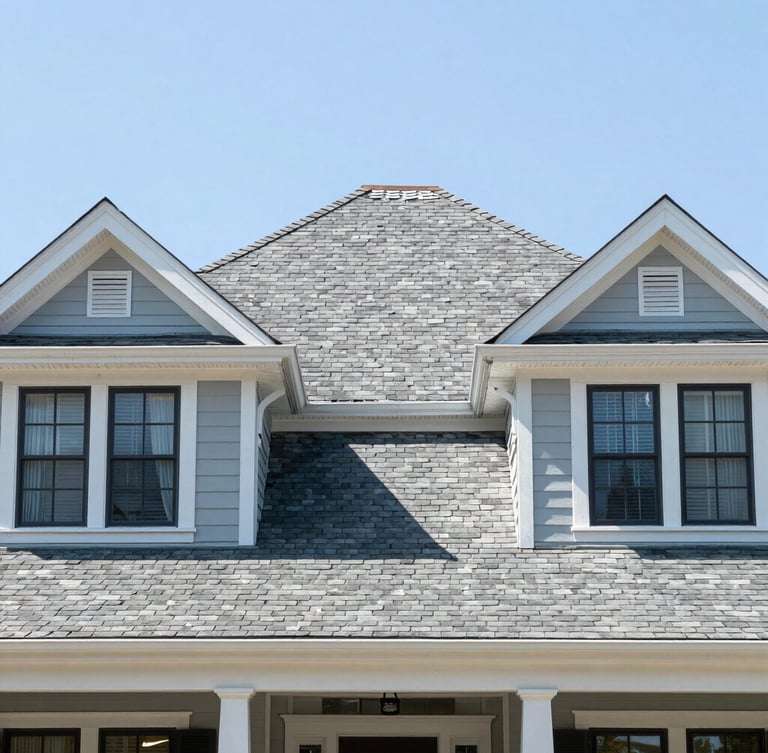 Bright architectural photo of a classic New Orleans residential home exterior showing a perfectly repaired slate-style shingle roof, clear daylight
