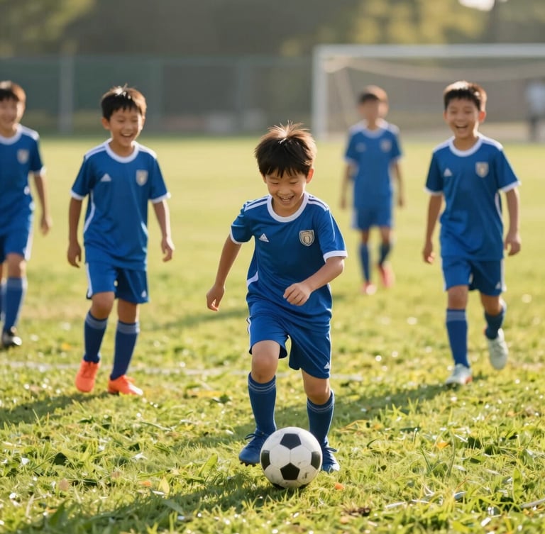 Joyful children laughing during a soccer drill on green grass, warm natural afternoon sunlight, shallow depth of field, 35mm