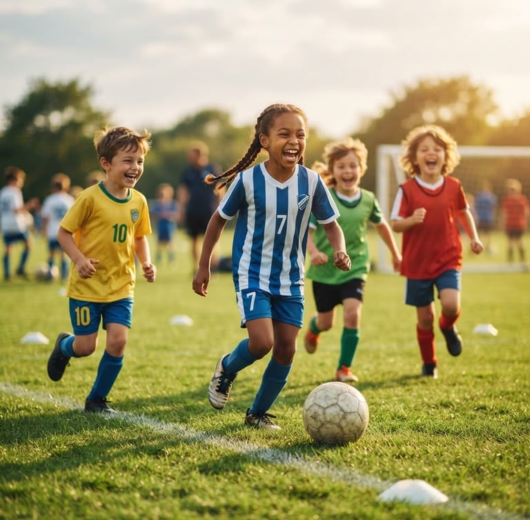 Joyful children laughing during a soccer drill on green grass, warm natural afternoon sunlight, energetic friendly mood, shallow depth of field, 35mm