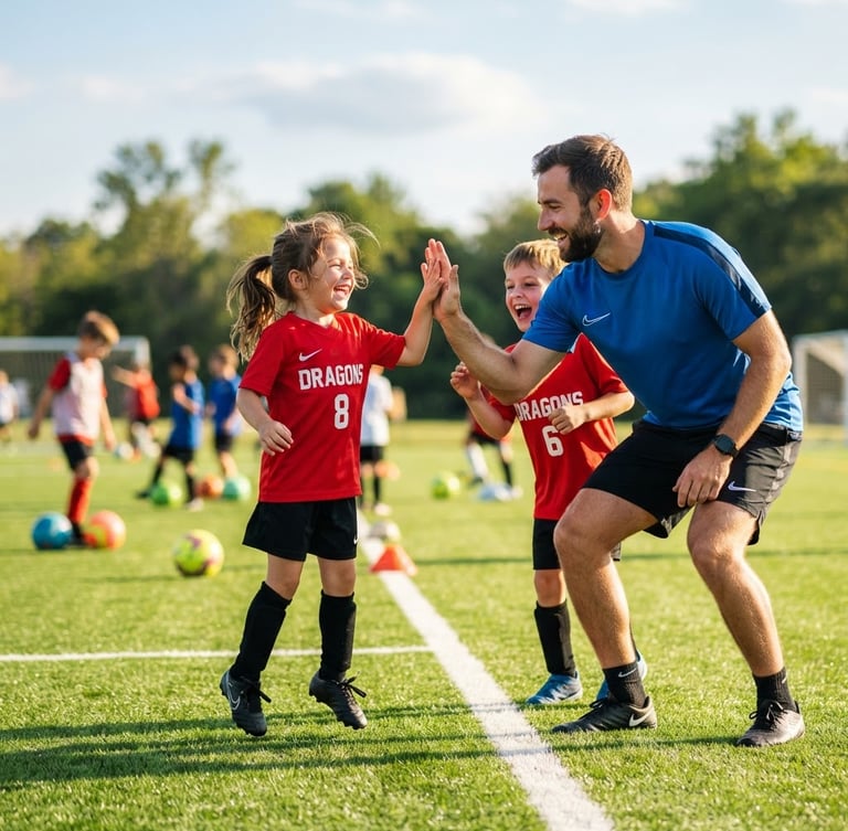 Joyful children high-fiving their coach on a bright green soccer field during a friendly training session, warm afternoon sunlight, vibrant colors, shallow depth of field