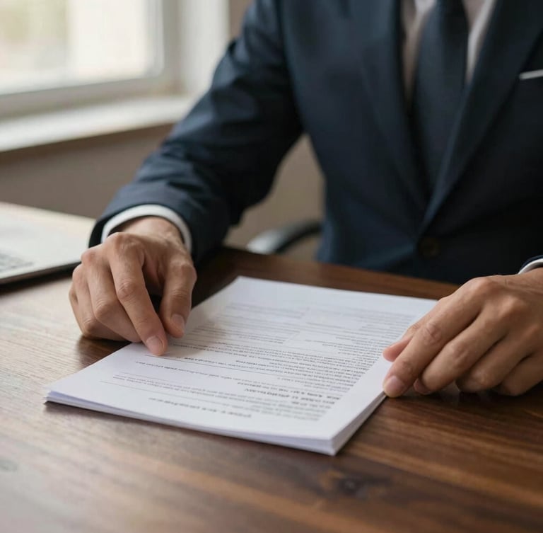 A professional medium close-up of hands reviewing physical financial planning documents on a dark wooden table under soft, warm window light, shallow depth of field