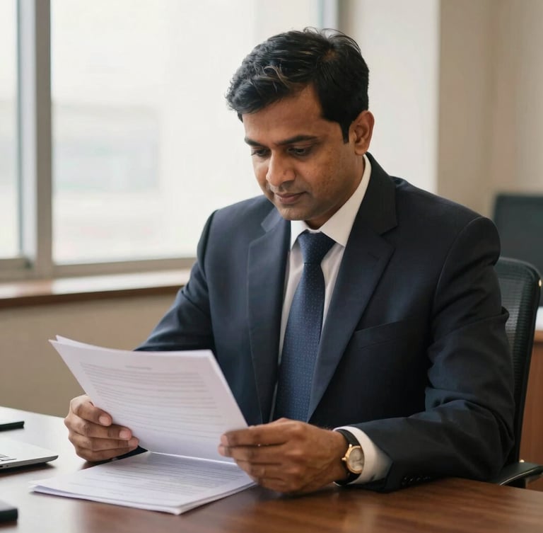 A warm professional portrait of Anand Kumar Mishra, an Indian male financial advisor in a dark navy suit, sitting in a modern office with soft natural window light, reviewing physical financial documents, 35mm photography