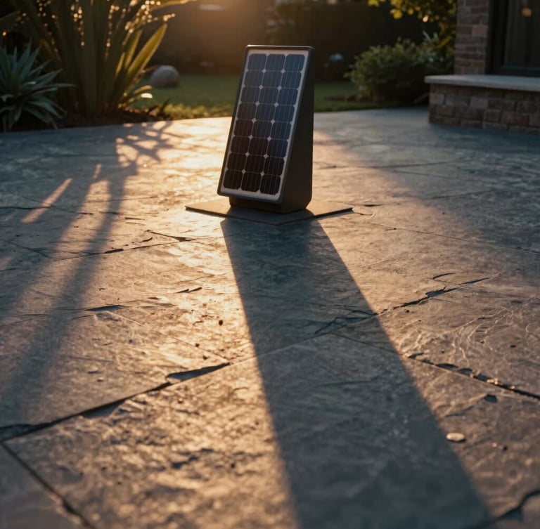 Low-angle environmental shot of a modern solar resin garden sculpture casting long, dramatic golden-hour shadows on a raw slate patio, warm 35mm photography.