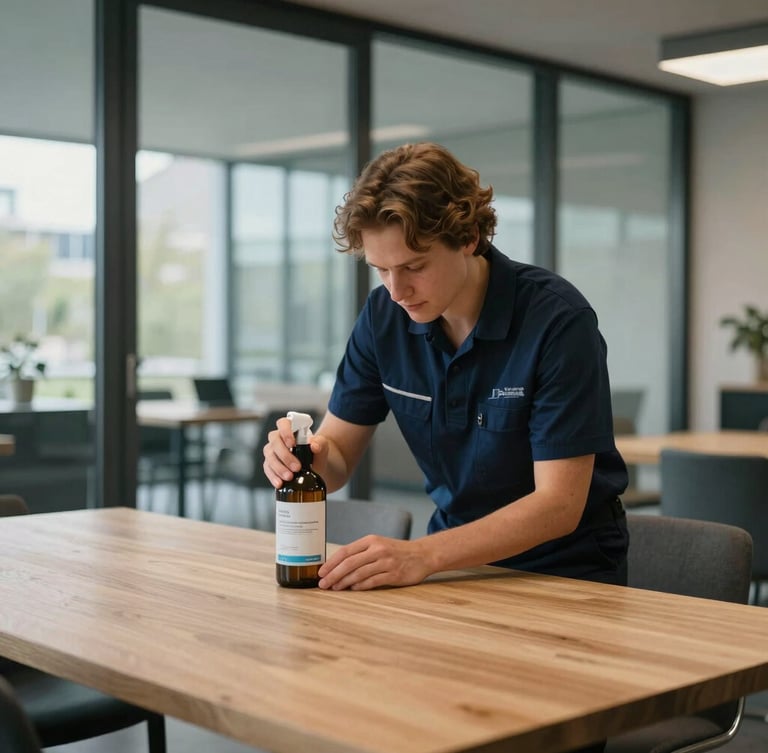 Groothoekopname van een modern, licht kantoor in Leiden met glazen wanden. Een professionele schoonmaker in een subtiel donkerblauw uniform reinigt geconcentreerd een minimalistisch houten bureau met een milieuvriendelijke spray.