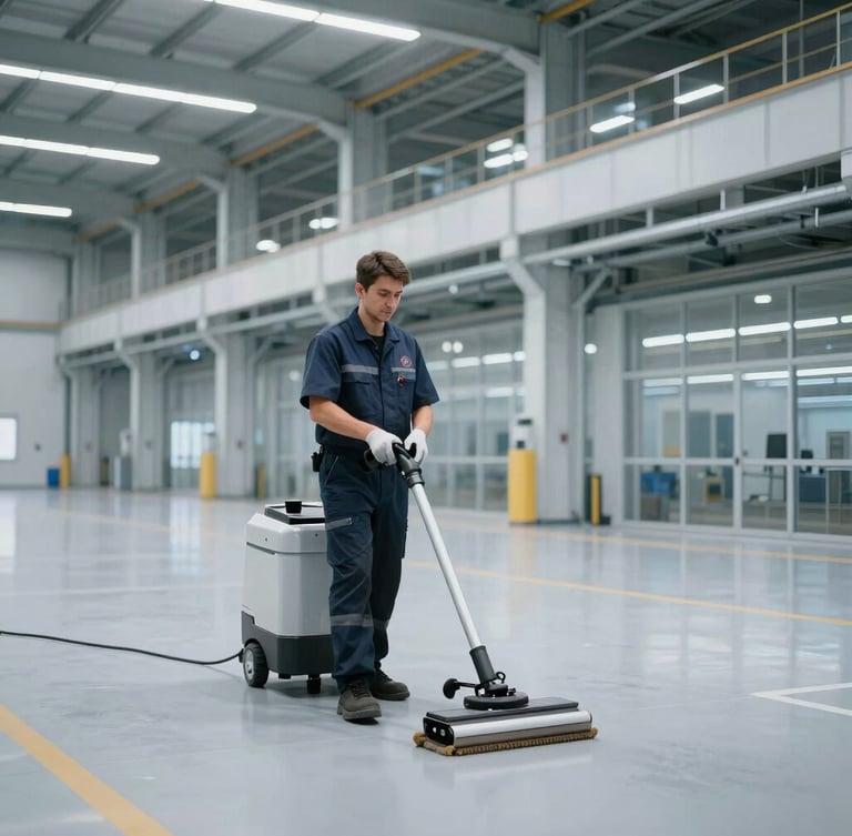 Wide environmental shot of a spotless modern industrial facility with clean cool-toned indoor architectural lighting, showing a professional cleaning specialist in uniform operating high-end floor scrubbers.