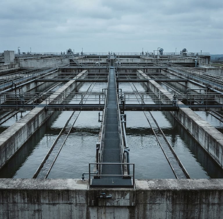 Clean straight-on architectural photograph of concrete water treatment basins under cool overcast daylight, desaturated soft blue tones, sharp technical focus