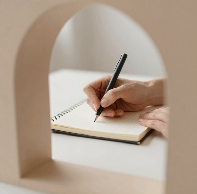 Close-up of hands writing in a minimalist notebook on a clean slate desk, soft diffused daylight, shallow depth of field, warm architectural framing.