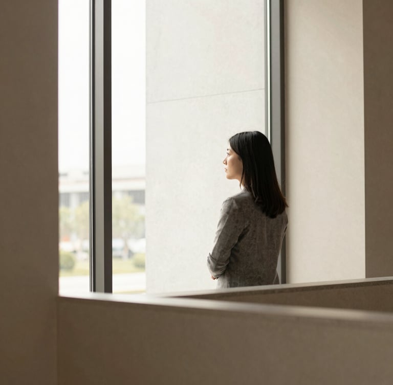 Quiet, thoughtful professional looking out a window in a daylight-filled architectural space, muted earth tones, medium-long environmental shot, soft high-key lighting.