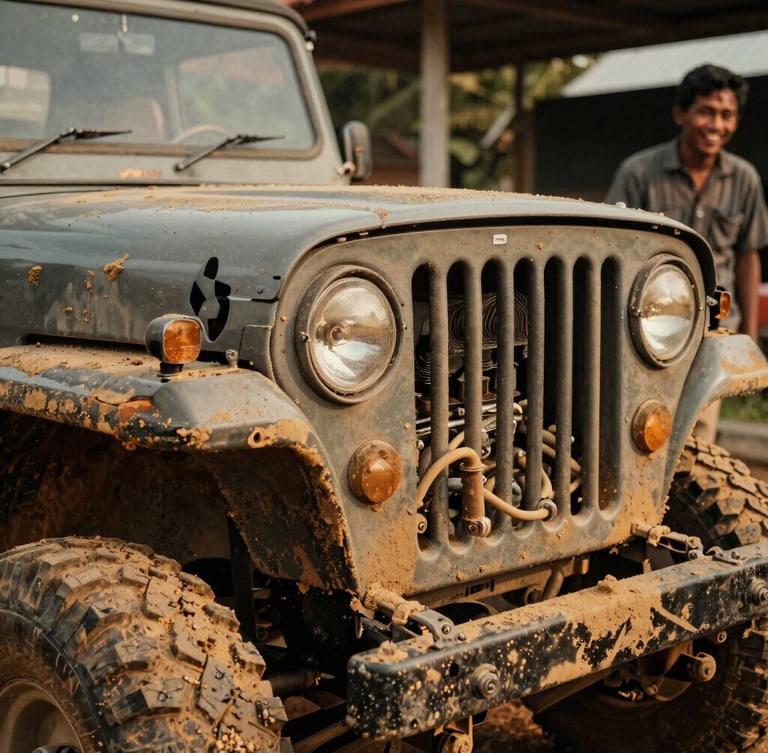 Close-up mechanical detail of a classic vintage Jeep engine and rugged tire, mud-splattered, with a local Balinese driver smiling in the background, warm dusty clay tones, 35mm film