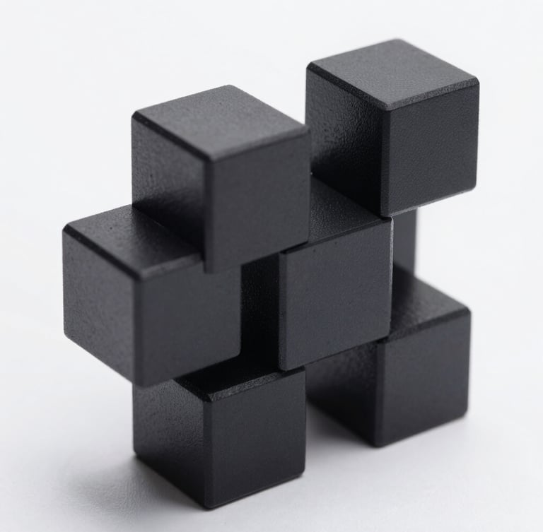 A high-contrast macro crop of an abstract 3D geometric structure, sharp drop shadows, diffused cool studio lighting, pure white background