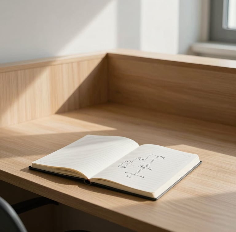 Quiet structured workspace in Bergamo with clean wooden lines, a notebook with logical diagrams, soft morning light, and generous negative space.