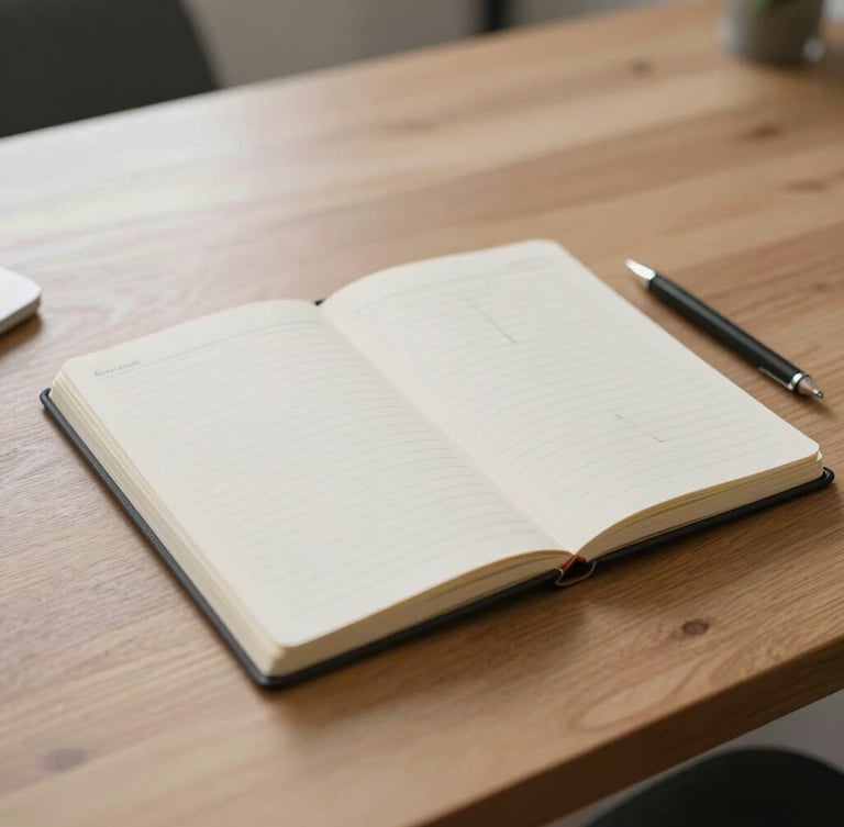 Close-up of a minimalist wooden desk in Bergamo, a structured notebook with clean logical diagrams, a mechanical pencil, soft natural morning light, negative space.