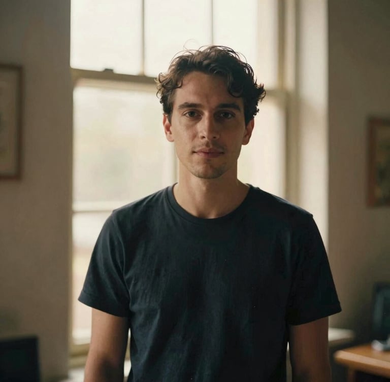 A warm editorial portrait of a professional filmmaker, soft natural light, shallow depth of field, 35mm film look, rich cinematic tones.