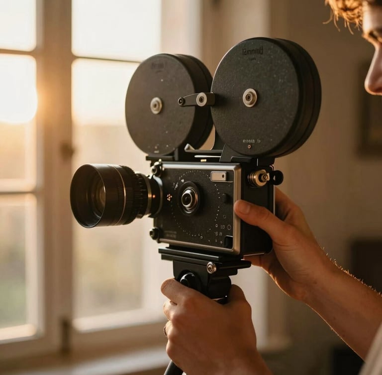 Candid close-up of a wedding filmmaker holding a vintage-style cinema camera, golden hour window light, warm editorial photography, 35mm film look.