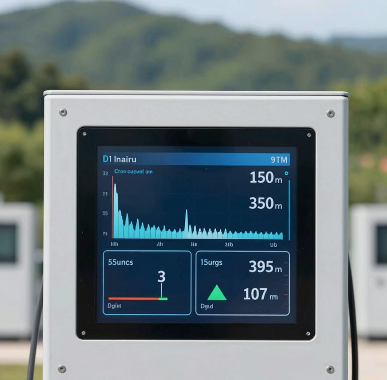 Portrait-oriented close-up of a data interface displaying real-time energy consumption metrics in a clean industrial setting, crisp architectural photography, bright morning daylight, cool forest greens and deep blues, sharp focus, 35mm