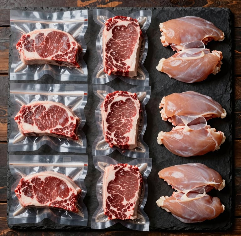 Dramatic side-lit flat lay of neatly organized vacuum-sealed raw beef steaks and chicken breasts on a dark slate board, rustic wood accents, clear portion labels, professional culinary editorial style.