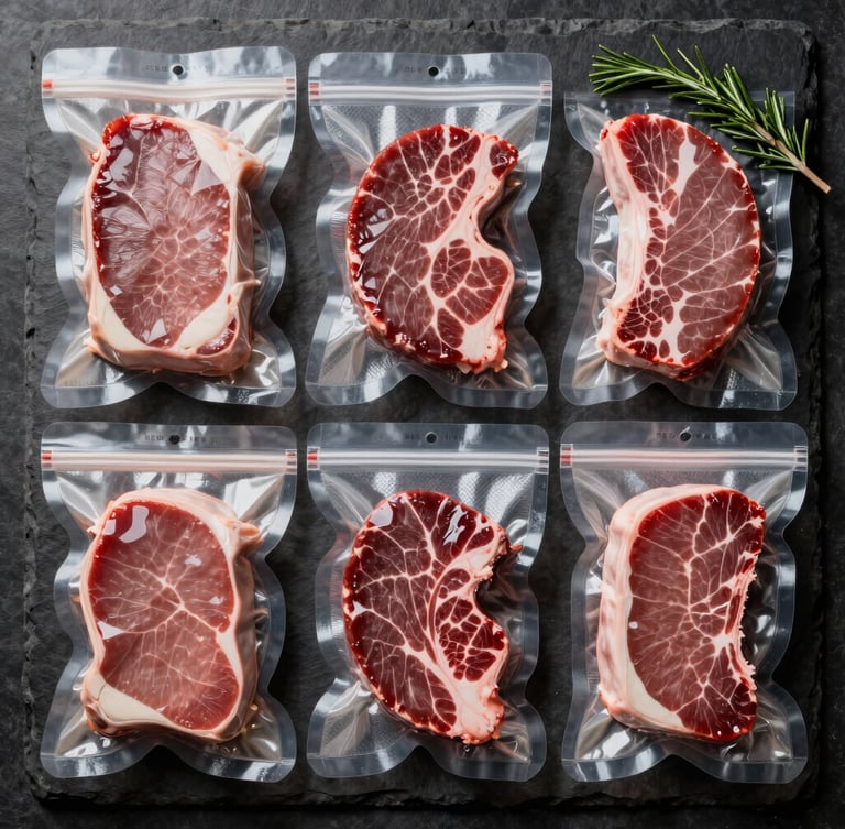 Top-down flat lay of neatly organized vacuum-sealed meat packages on a dark slate surface, clear portion labels visible, rustic rosemary sprigs nearby