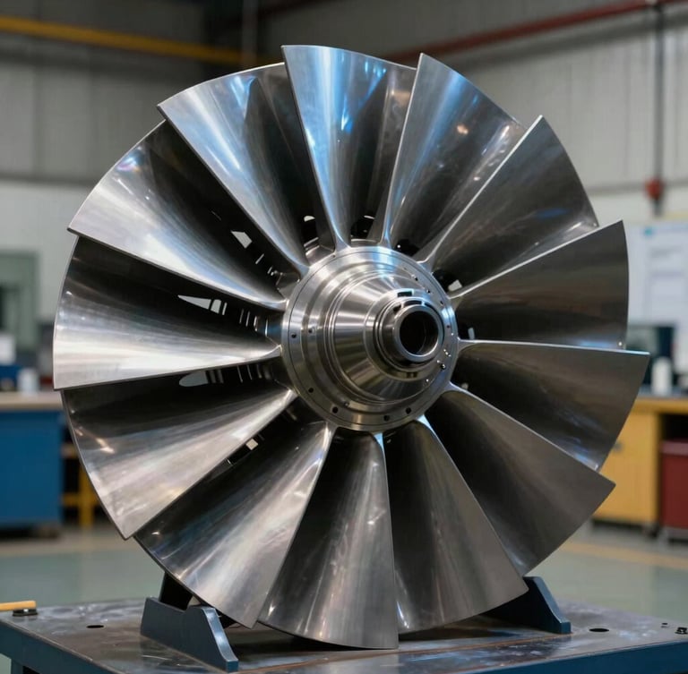 Macro-level wide-angle shot of a V94.2 turbine blade, pristine metallic finish, cool blue daylight reflecting off the curved airfoil profile, industrial workshop background.