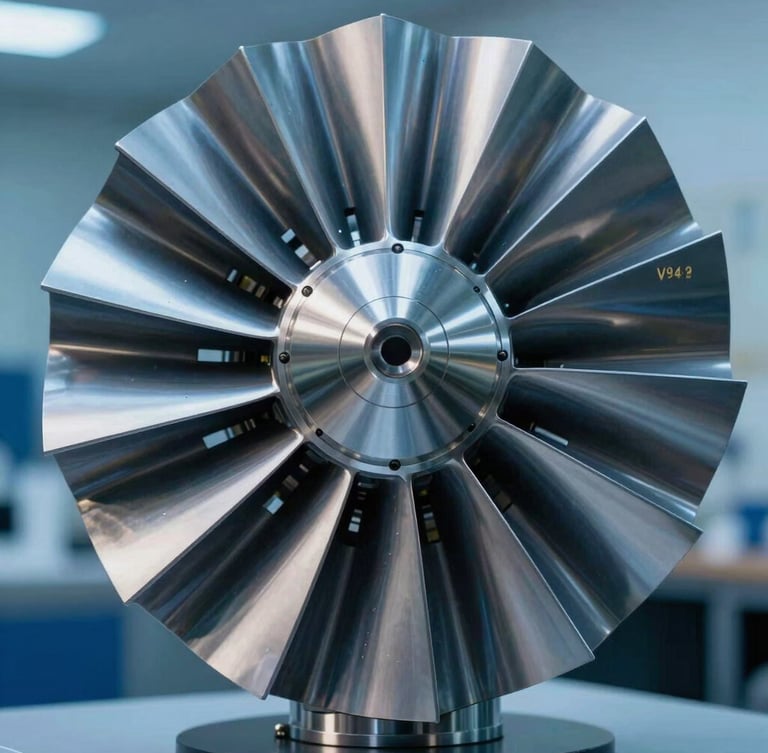 Macro shot of a pristine metallic V94.2 turbine blade undergoing non-destructive testing with cool blue daylight and sharp metallic reflections