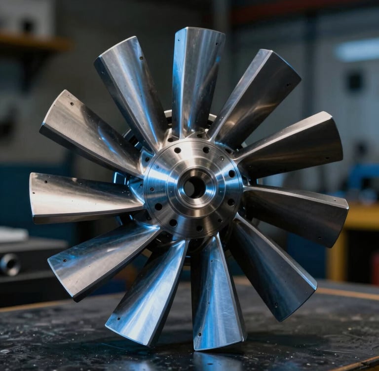 Macro photograph of a V94.2 turbine blade root, cool blue industrial lighting reflecting off pristine metallic surfaces, sharp focus on machined tolerances, dark workshop background.