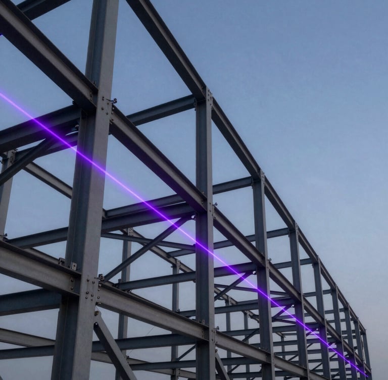 Dramatic low-key architectural shot of structural steel framework at twilight, highlighted by sharp purple laser lines tracing the structural joints, high contrast, clean technical aesthetic.